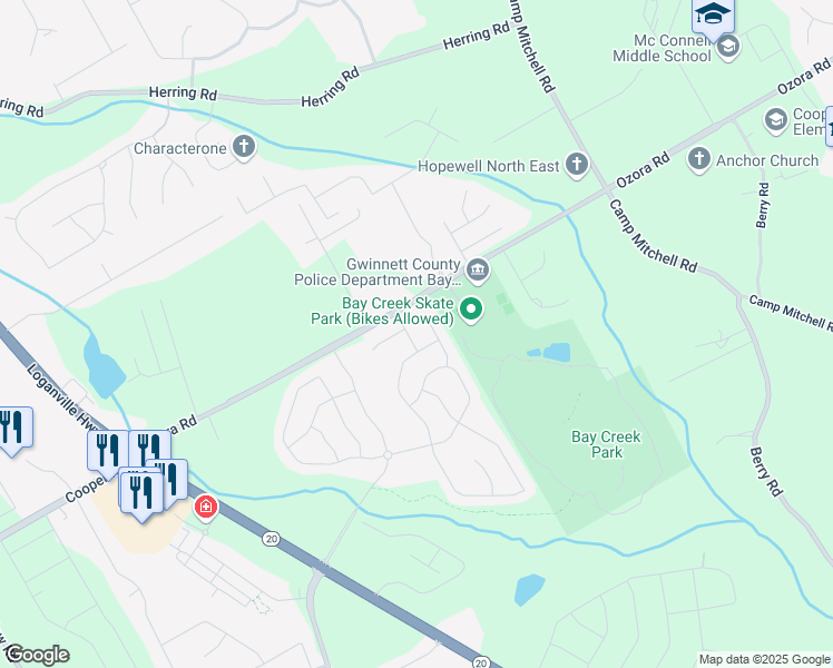 map of restaurants, bars, coffee shops, grocery stores, and more near 3825 Sycamore Hill Drive in Loganville