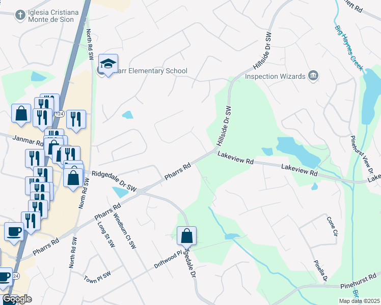 map of restaurants, bars, coffee shops, grocery stores, and more near 1551 Pharrs Road in Snellville