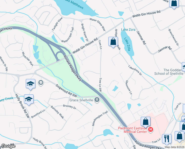 map of restaurants, bars, coffee shops, grocery stores, and more near 2344 Treehaven Drive in Snellville