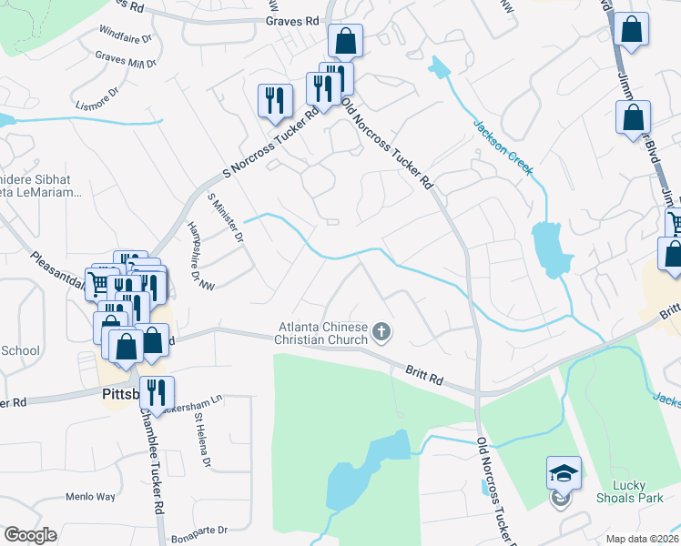 map of restaurants, bars, coffee shops, grocery stores, and more near 1126 Sanford's Walk Northwest in Tucker