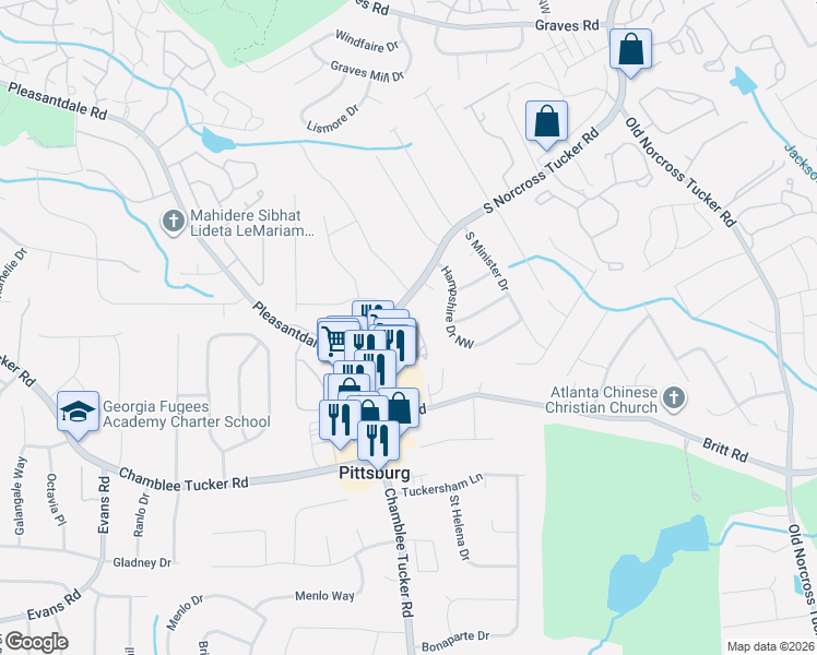 map of restaurants, bars, coffee shops, grocery stores, and more near 3281 Tucker Norcross Road in Tucker
