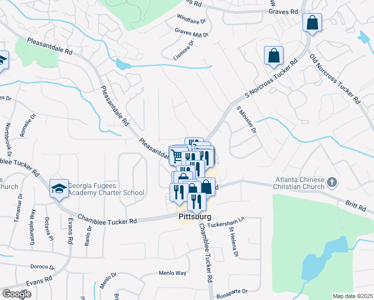 map of restaurants, bars, coffee shops, grocery stores, and more near 411 Bentley Place in Tucker
