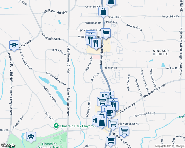 map of restaurants, bars, coffee shops, grocery stores, and more near 4770 Mystic Drive Northeast in Sandy Springs