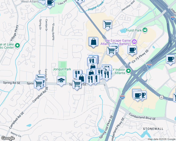map of restaurants, bars, coffee shops, grocery stores, and more near 2791 Woodland Terrace in Smyrna