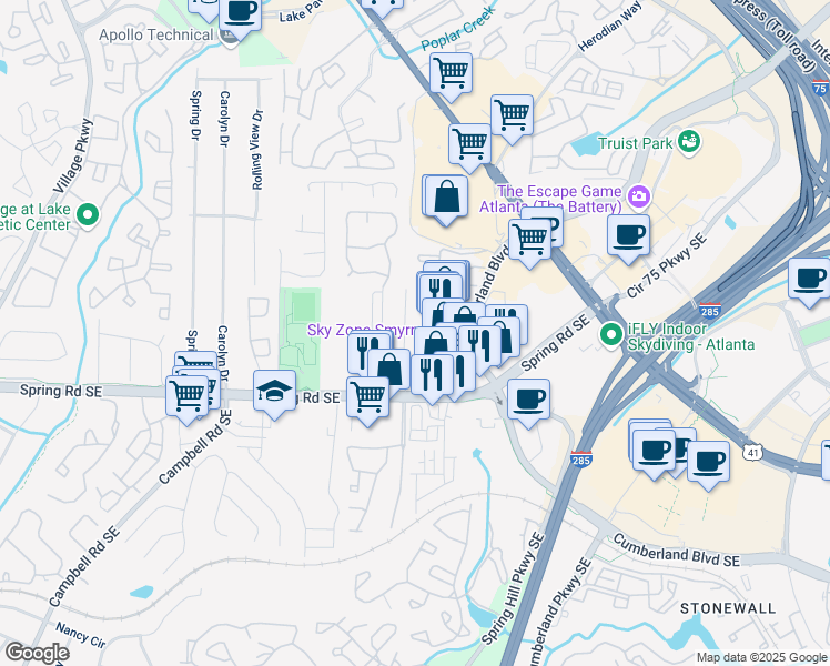 map of restaurants, bars, coffee shops, grocery stores, and more near 1012 Rohner Way in Smyrna