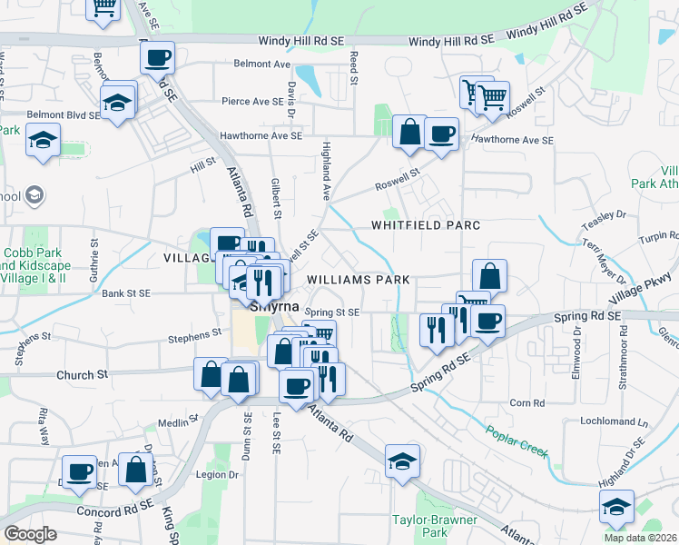 map of restaurants, bars, coffee shops, grocery stores, and more near 2794 Morris Circle in Smyrna