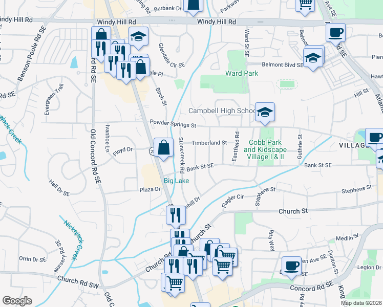 map of restaurants, bars, coffee shops, grocery stores, and more near 2794 Hillside Road in Smyrna