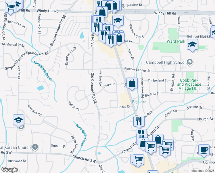 map of restaurants, bars, coffee shops, grocery stores, and more near 2819 Ivanhoe Lane in Smyrna