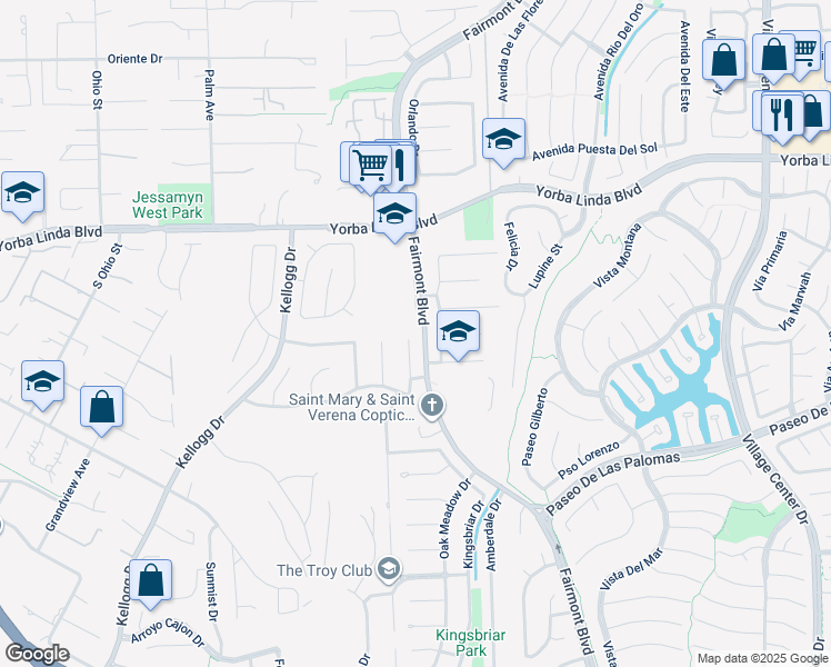 map of restaurants, bars, coffee shops, grocery stores, and more near 5252 Lynridge Drive in Yorba Linda