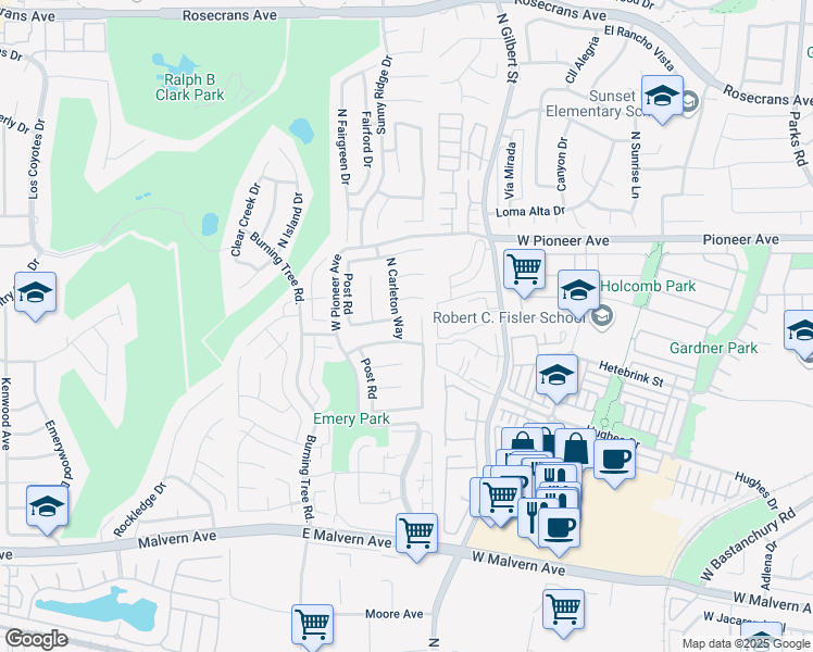 map of restaurants, bars, coffee shops, grocery stores, and more near 1301 Candlewood Drive in Fullerton