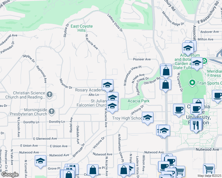 map of restaurants, bars, coffee shops, grocery stores, and more near 1710 Miramar Drive in Fullerton