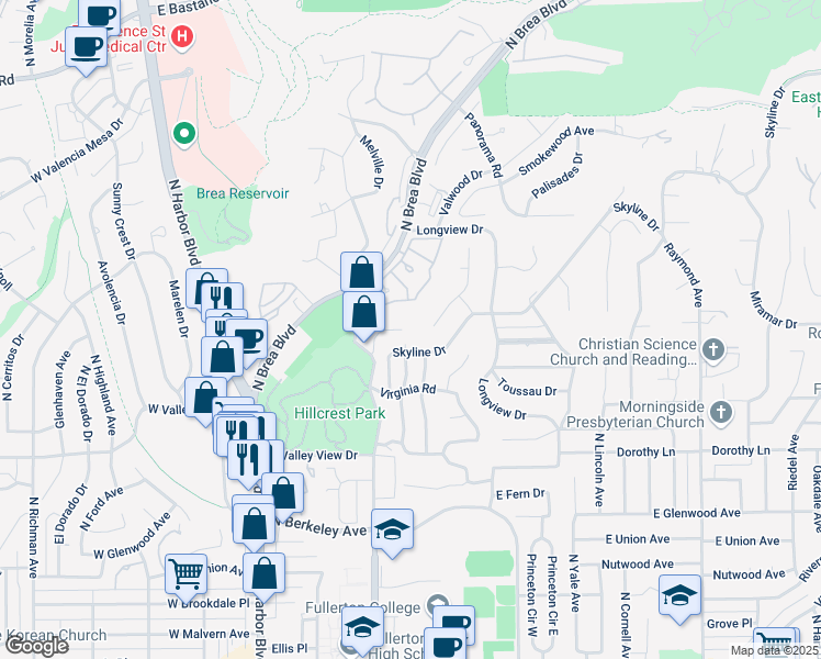 map of restaurants, bars, coffee shops, grocery stores, and more near 1360 Shadow Lane in Fullerton