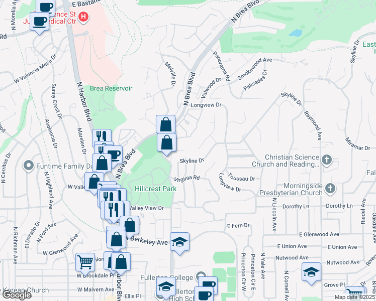 map of restaurants, bars, coffee shops, grocery stores, and more near Shadow Lane in Fullerton