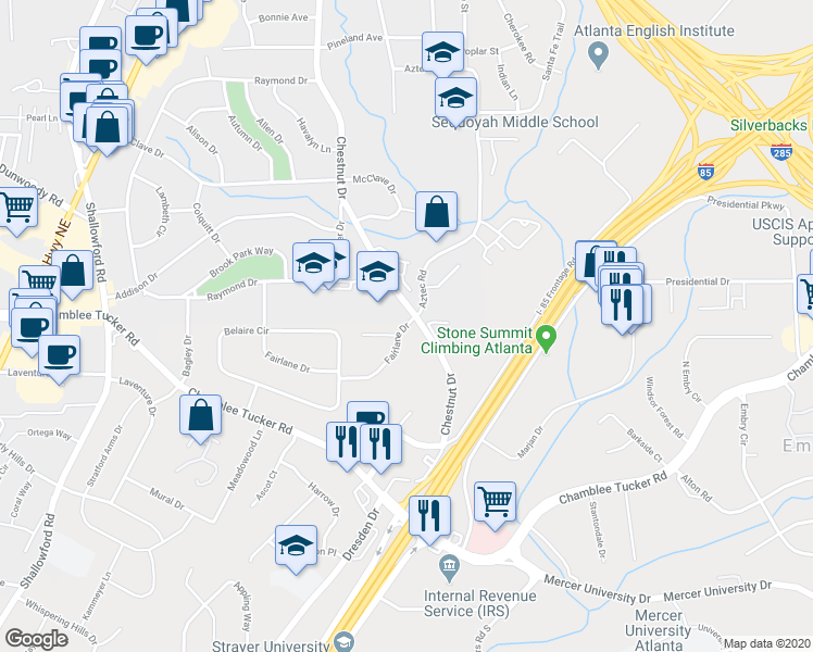 map of restaurants, bars, coffee shops, grocery stores, and more near 2833 Fairlane Drive in Atlanta