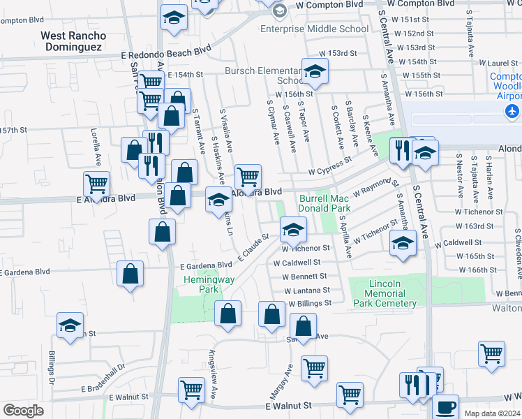 map of restaurants, bars, coffee shops, grocery stores, and more near 16214 McKinley Avenue in Carson