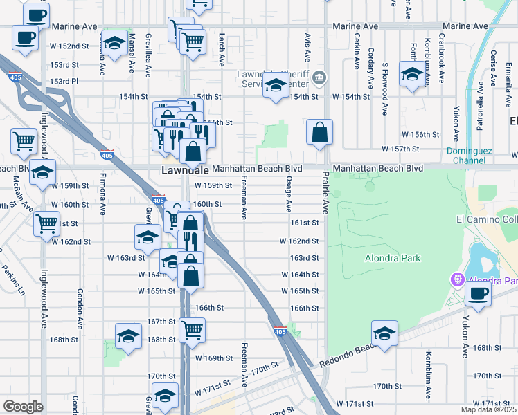 map of restaurants, bars, coffee shops, grocery stores, and more near 4154 160th Street in Lawndale