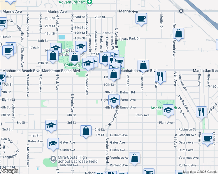 map of restaurants, bars, coffee shops, grocery stores, and more near 1826 10th Street in Manhattan Beach