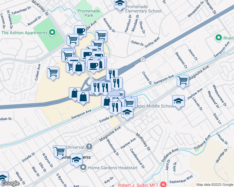 map of restaurants, bars, coffee shops, grocery stores, and more near 2275 Sampson Avenue in Corona