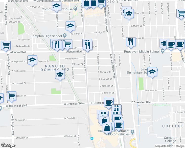 map of restaurants, bars, coffee shops, grocery stores, and more near 116 East Tichenor Street in Compton