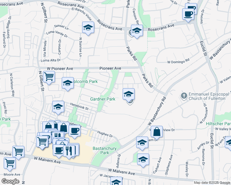 map of restaurants, bars, coffee shops, grocery stores, and more near 1803 Chambers Court in Fullerton