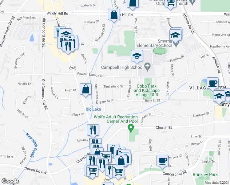 map of restaurants, bars, coffee shops, grocery stores, and more near 2795 Parkwood Road in Smyrna