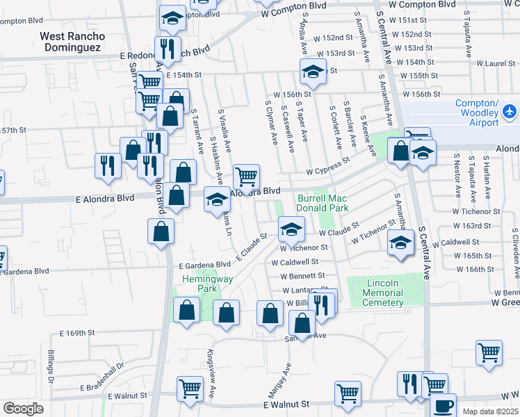 map of restaurants, bars, coffee shops, grocery stores, and more near 16214 McKinley Avenue in Carson