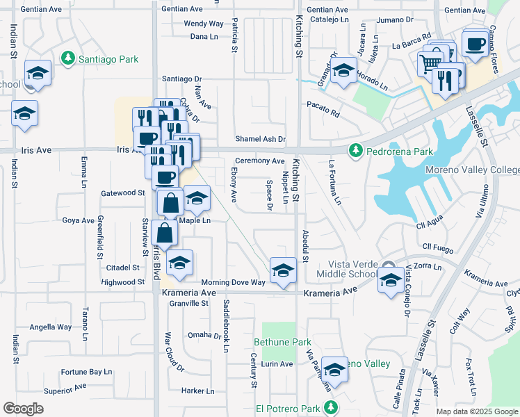 map of restaurants, bars, coffee shops, grocery stores, and more near 25380 Ivory Avenue in Moreno Valley