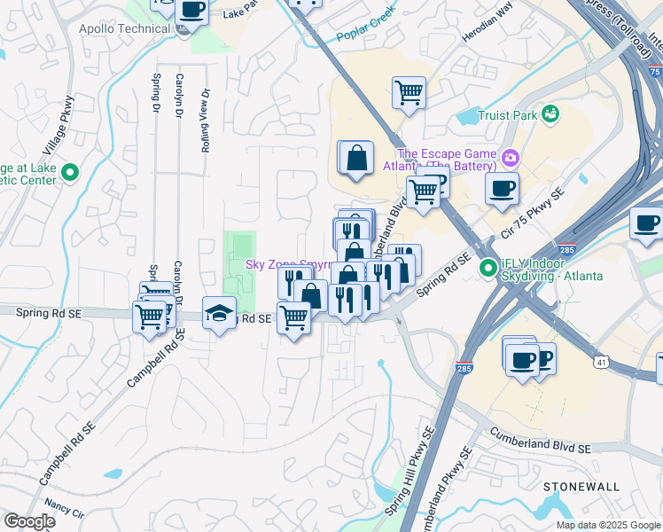 map of restaurants, bars, coffee shops, grocery stores, and more near 1012 Rohner Way in Smyrna