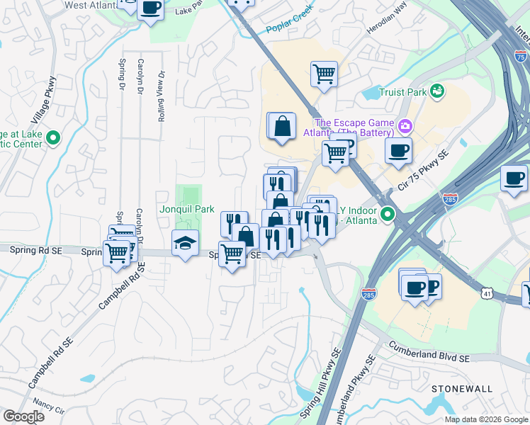 map of restaurants, bars, coffee shops, grocery stores, and more near 2791 Woodland Terrace in Smyrna