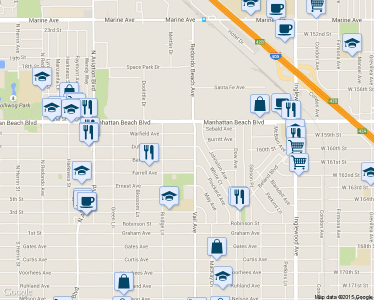 map of restaurants, bars, coffee shops, grocery stores, and more near 2224 Dufour Avenue in Redondo Beach
