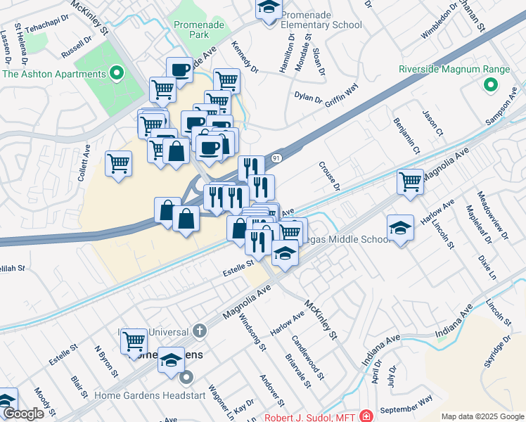 map of restaurants, bars, coffee shops, grocery stores, and more near 2275 Sampson Avenue in Corona