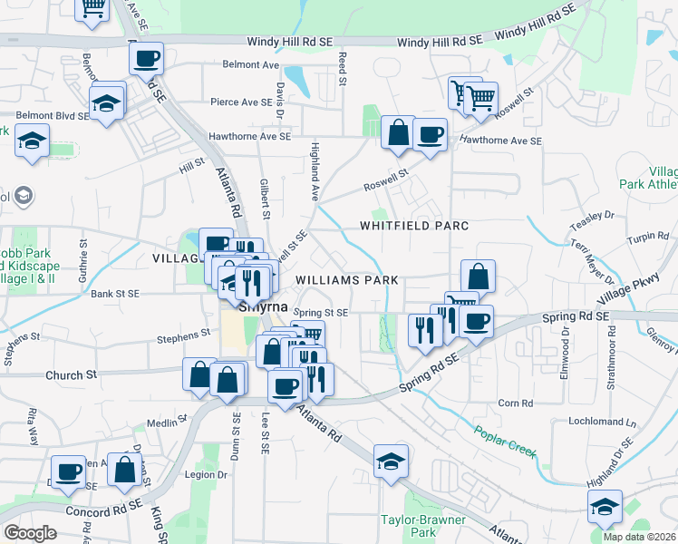 map of restaurants, bars, coffee shops, grocery stores, and more near 1480 Walker Street Southeast in Smyrna