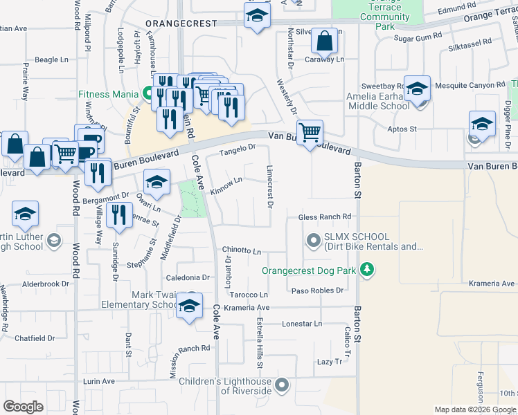 map of restaurants, bars, coffee shops, grocery stores, and more near 9157 Limecrest Drive in Riverside