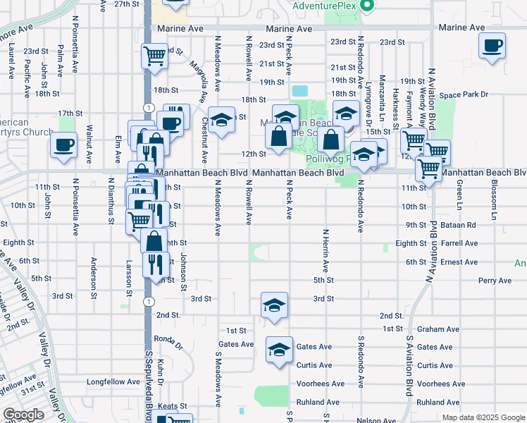 map of restaurants, bars, coffee shops, grocery stores, and more near 1421 9th Street in Manhattan Beach