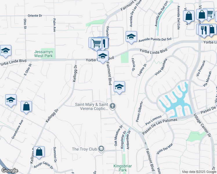 map of restaurants, bars, coffee shops, grocery stores, and more near 5252 Lynridge Drive in Yorba Linda