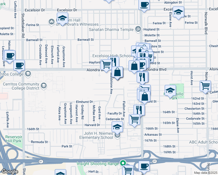 map of restaurants, bars, coffee shops, grocery stores, and more near 11569 College Drive in Norwalk