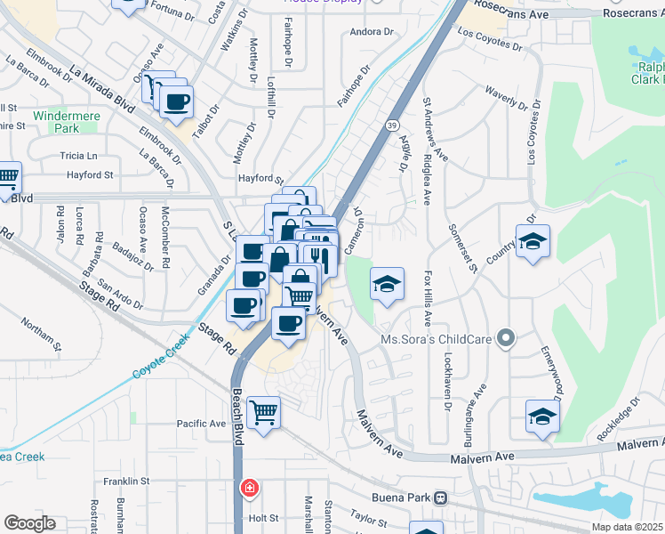 map of restaurants, bars, coffee shops, grocery stores, and more near 529 Cameron Drive in Buena Park