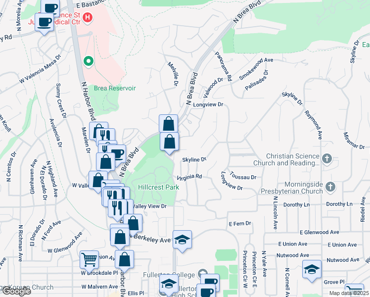 map of restaurants, bars, coffee shops, grocery stores, and more near 1349 Shadow Lane in Fullerton