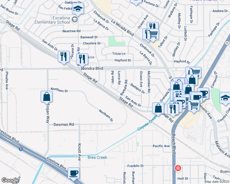 map of restaurants, bars, coffee shops, grocery stores, and more near 15236 San Ardo Drive in La Mirada
