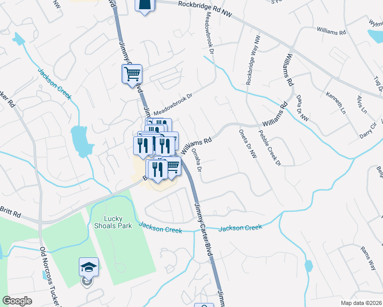 map of restaurants, bars, coffee shops, grocery stores, and more near 829 Omaha Drive in Norcross