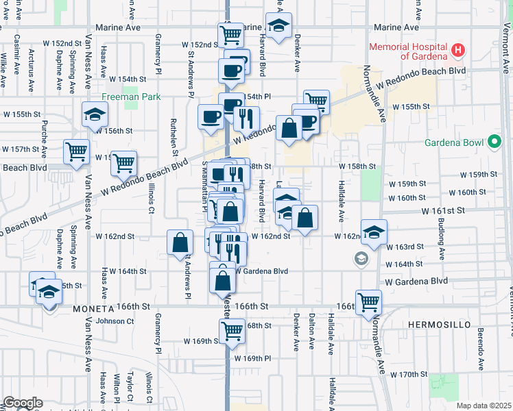 map of restaurants, bars, coffee shops, grocery stores, and more near 16020 South Western Avenue in Gardena
