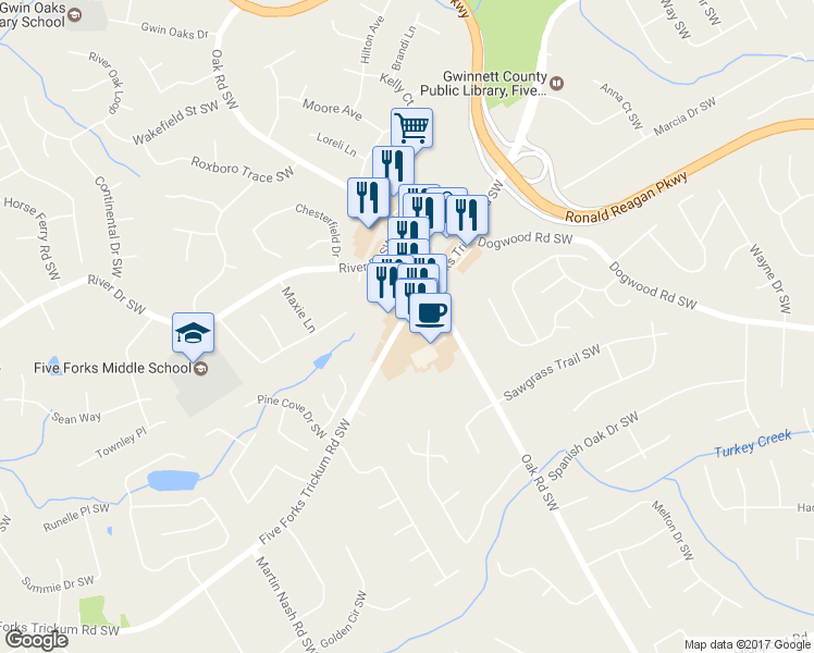 map of restaurants, bars, coffee shops, grocery stores, and more near 3050 5 Forks Trickum Road Southwest in Lilburn