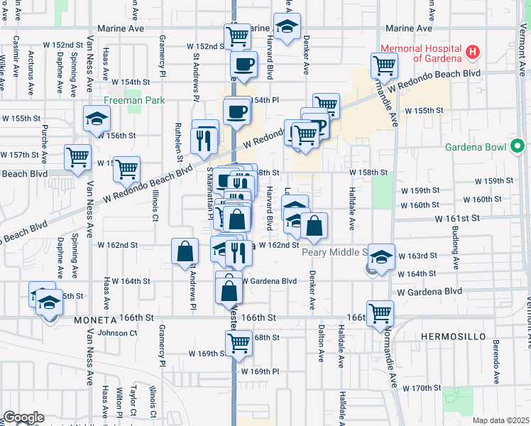 map of restaurants, bars, coffee shops, grocery stores, and more near 16005 Harvard Boulevard in Gardena