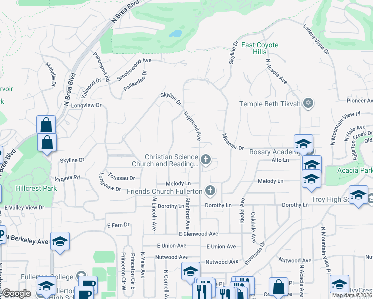 map of restaurants, bars, coffee shops, grocery stores, and more near 1100 Miramar Place in Fullerton