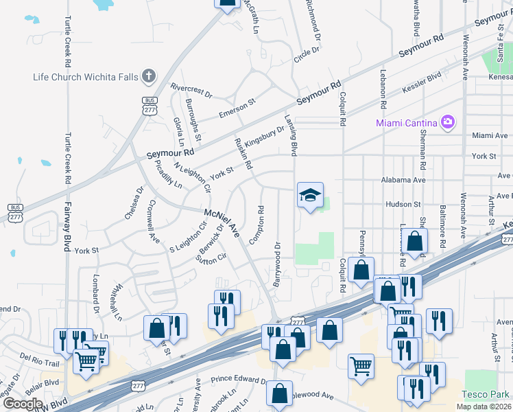map of restaurants, bars, coffee shops, grocery stores, and more near 2808-2814 Compton Road in Wichita Falls