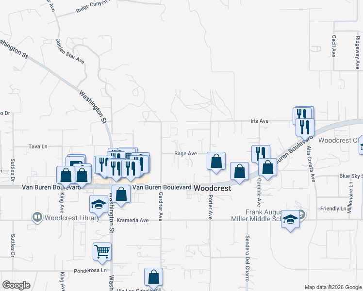 map of restaurants, bars, coffee shops, grocery stores, and more near 17354 Sage St in Riverside