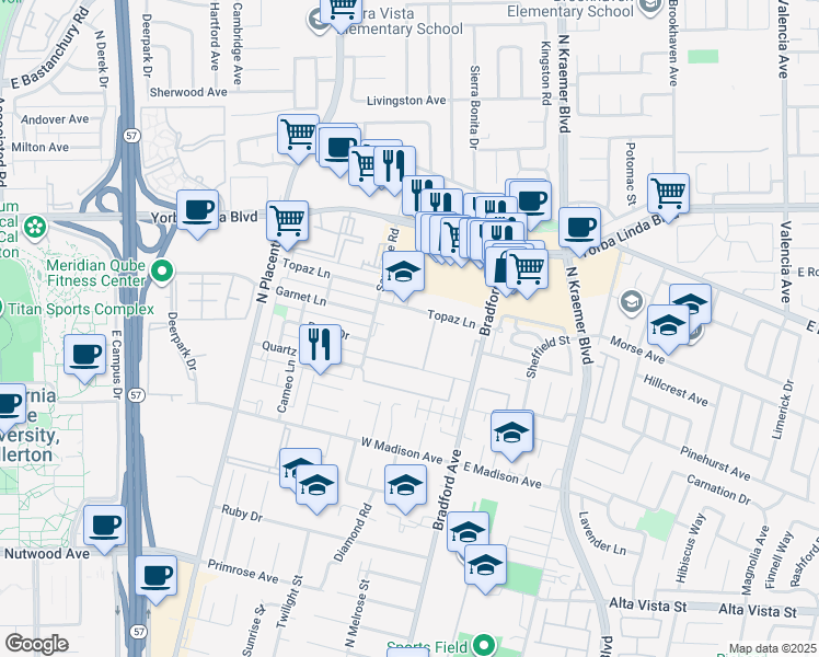 map of restaurants, bars, coffee shops, grocery stores, and more near 3232 Topaz Lane in Fullerton