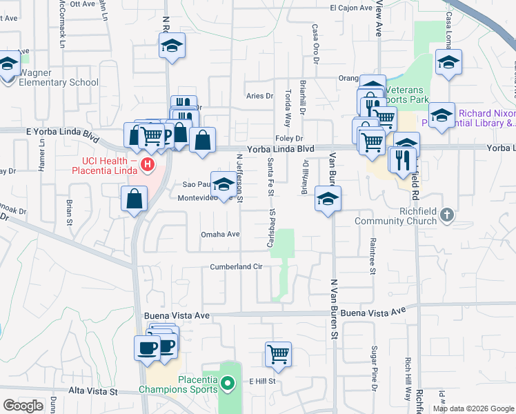 map of restaurants, bars, coffee shops, grocery stores, and more near 1249 Carlsbad Street in Placentia