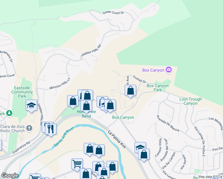 map of restaurants, bars, coffee shops, grocery stores, and more near 5140 Box Canyon Court in Yorba Linda