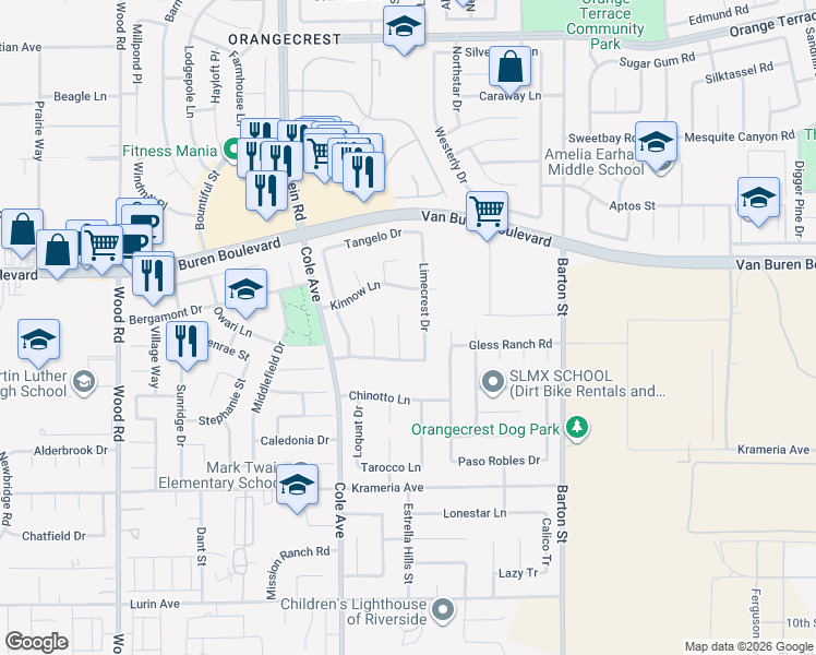 map of restaurants, bars, coffee shops, grocery stores, and more near 9157 Limecrest Drive in Riverside